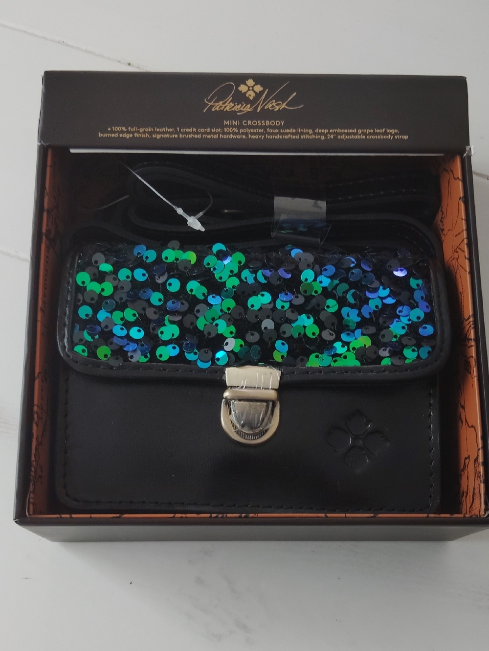 NWT Patricia Nash Black Mini Crossbody with Blue and Green Sequins